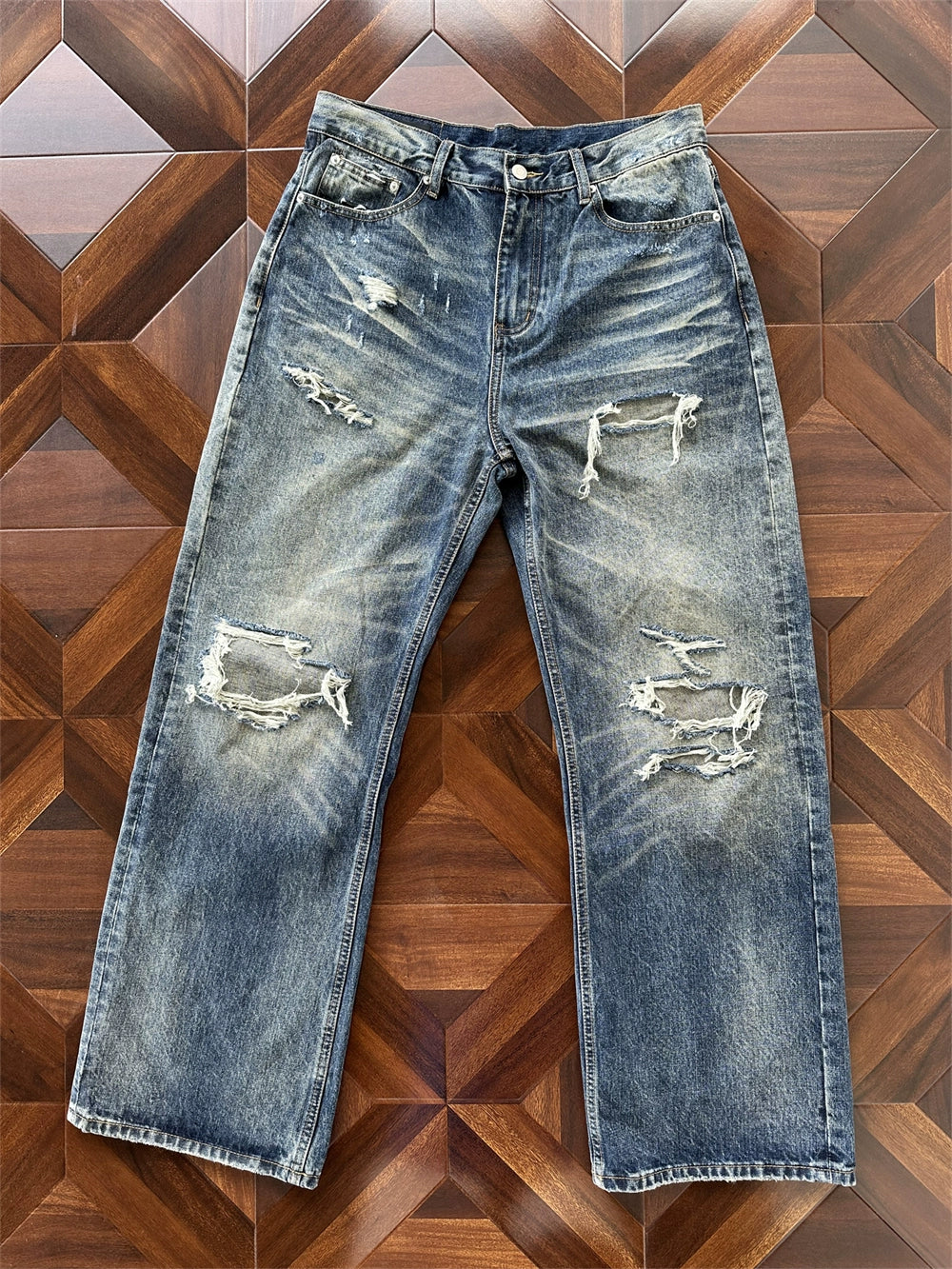Heavy Distressed Wash Old Knife Cut Damage Patch Denim Vintage Jeans