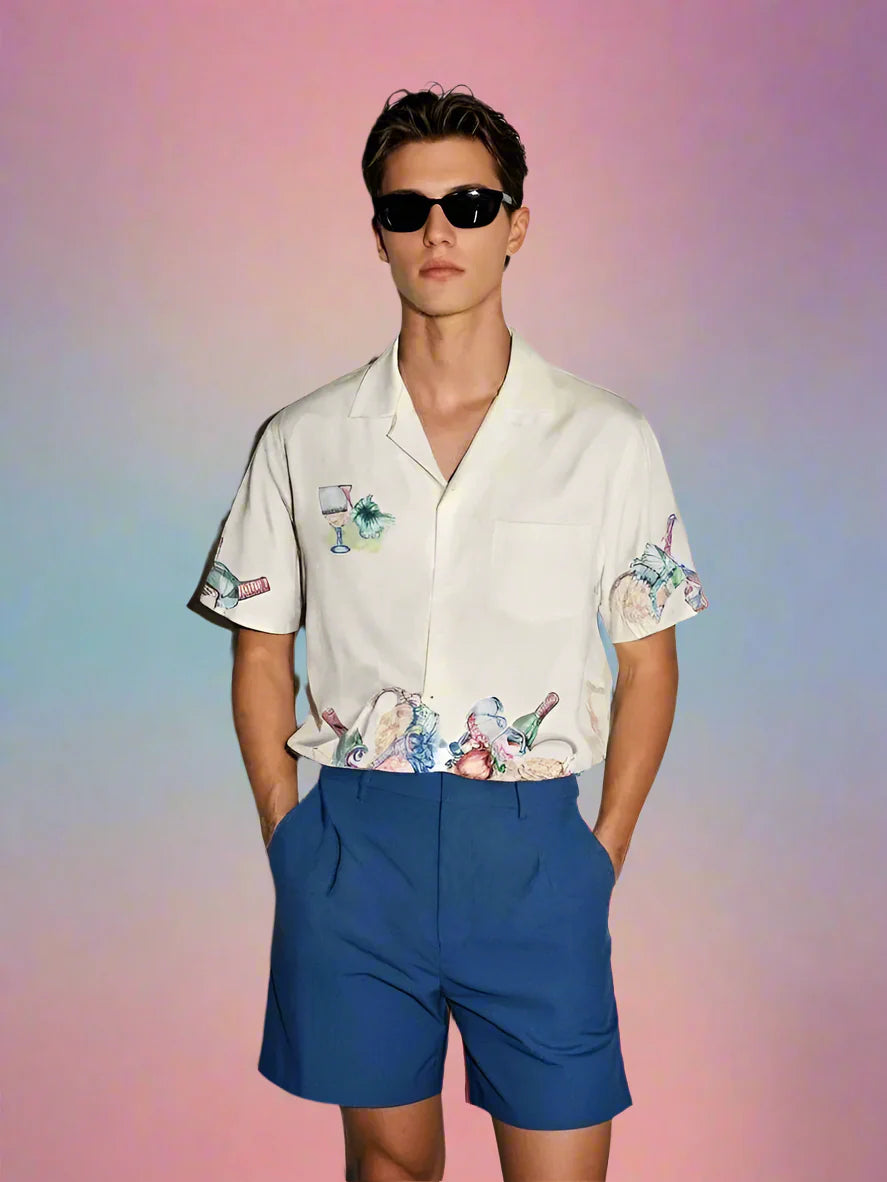 Men'sCuban Collar Floral Style Short Sleeve Oversize Shirt