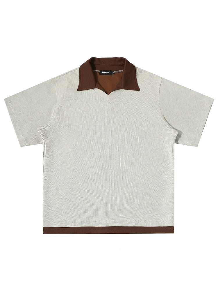 Men’s Contrast Collar Knit Polo Shirt – Short Sleeve Casual Grey Top with White Trim