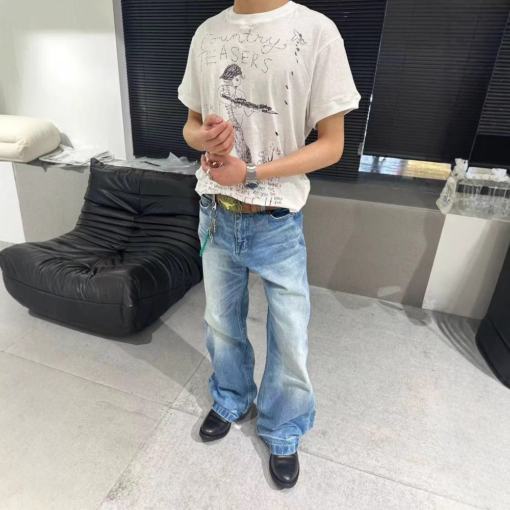 "Glacier Ripple" Ice Washed Blue and Black Old High Ounce A-line straight wide-leg Jeans for Men