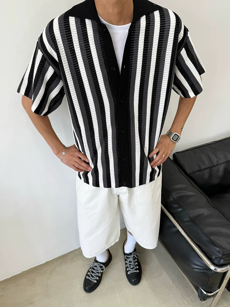 [old money style] American vintage cut-out woven striped shirt men's knitted short-sleeved polo shirt