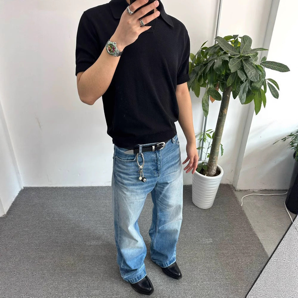 "Glacier Ripple" Ice Washed Blue and Black Old High Ounce A-line straight wide-leg Jeans for Men