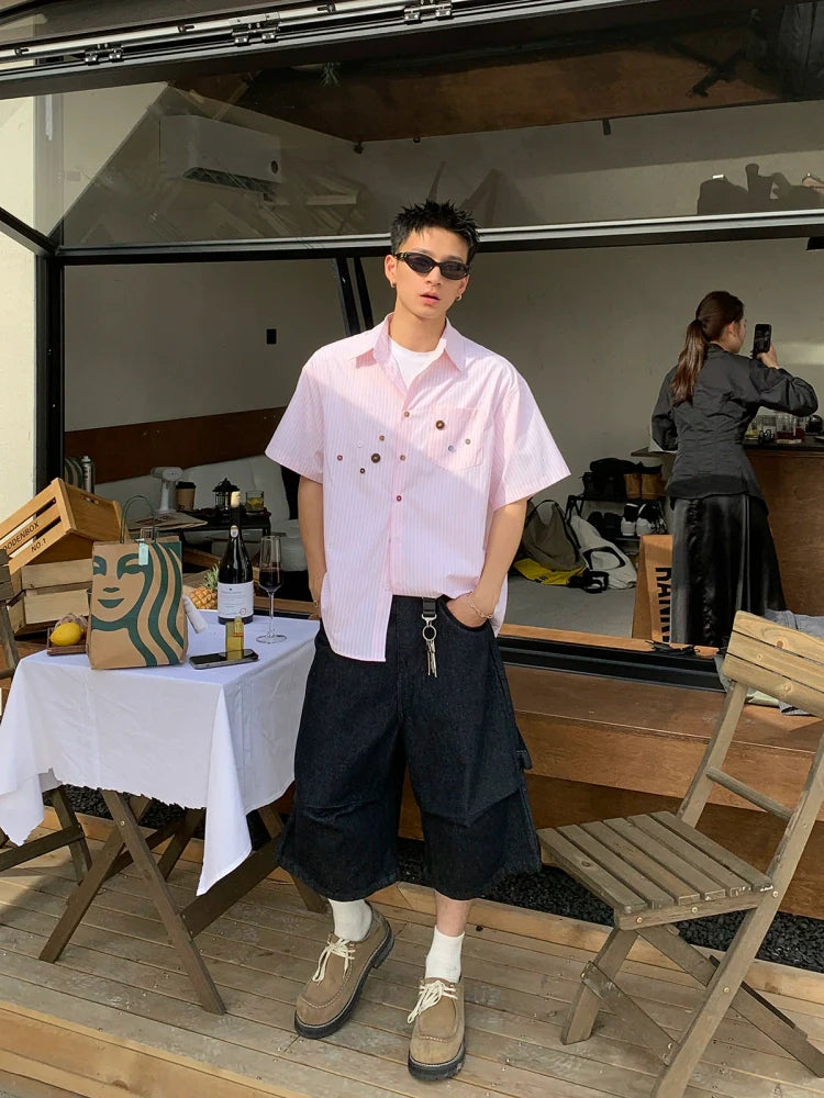 American vintage striped loose shirt short sleeve men's summer button design sense