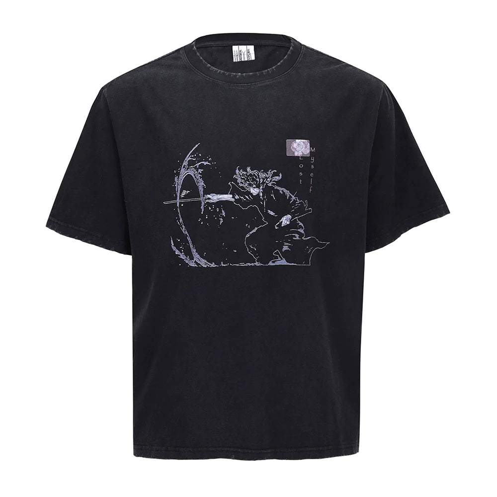 Wide Portrait Print Vintage Distressed Cleanfit Style T-shirt Short-sleeved for Men & Women