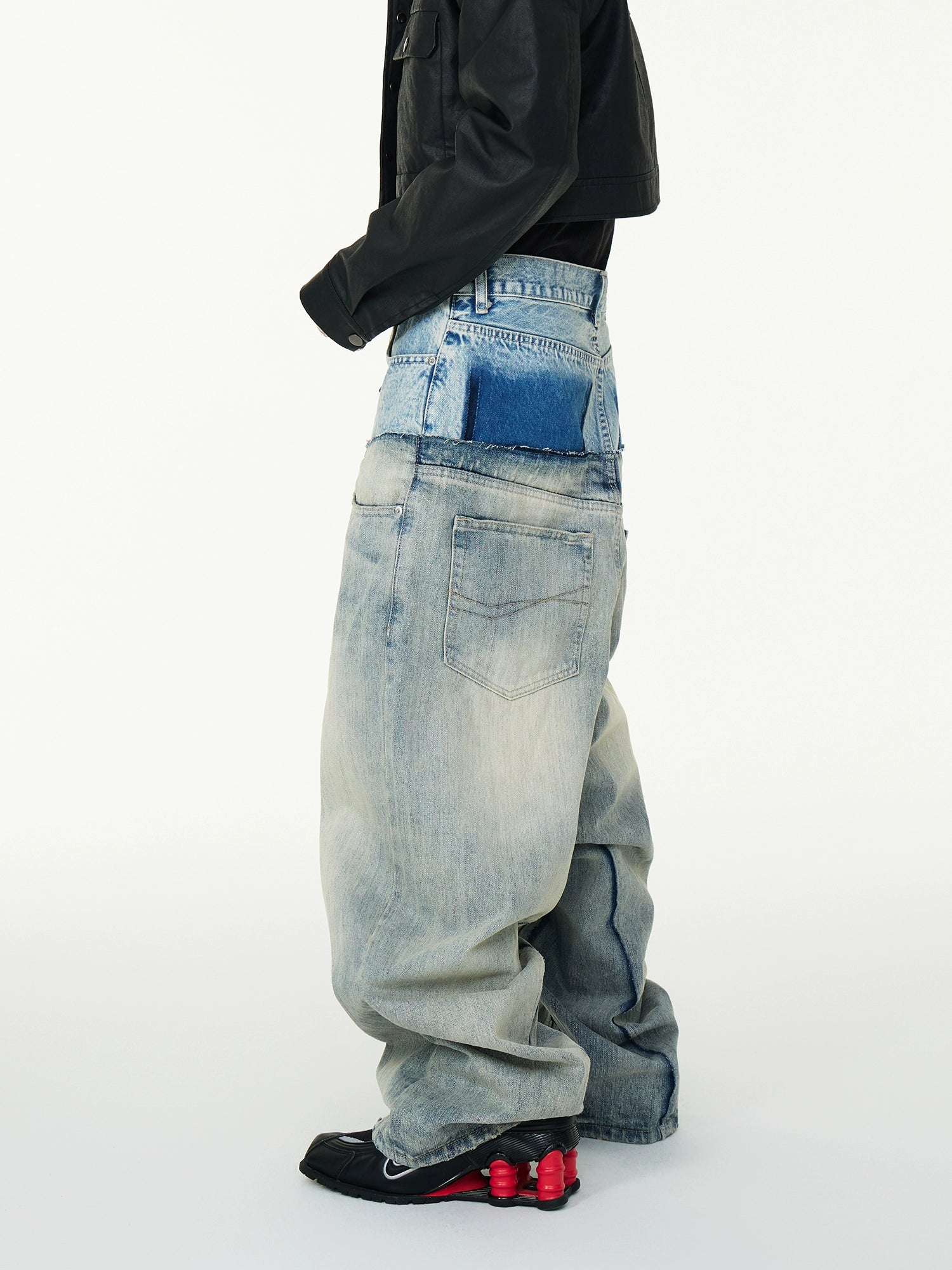 Oversized Denim Utility Pants With Layered Waistband Detail Baggy Crotch Jeans