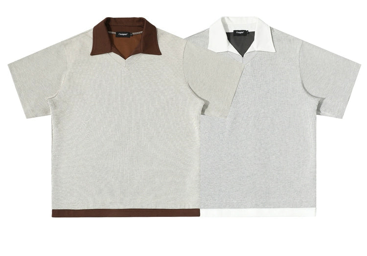 Men’s Contrast Collar Knit Polo Shirt – Short Sleeve Casual Grey Top with White Trim