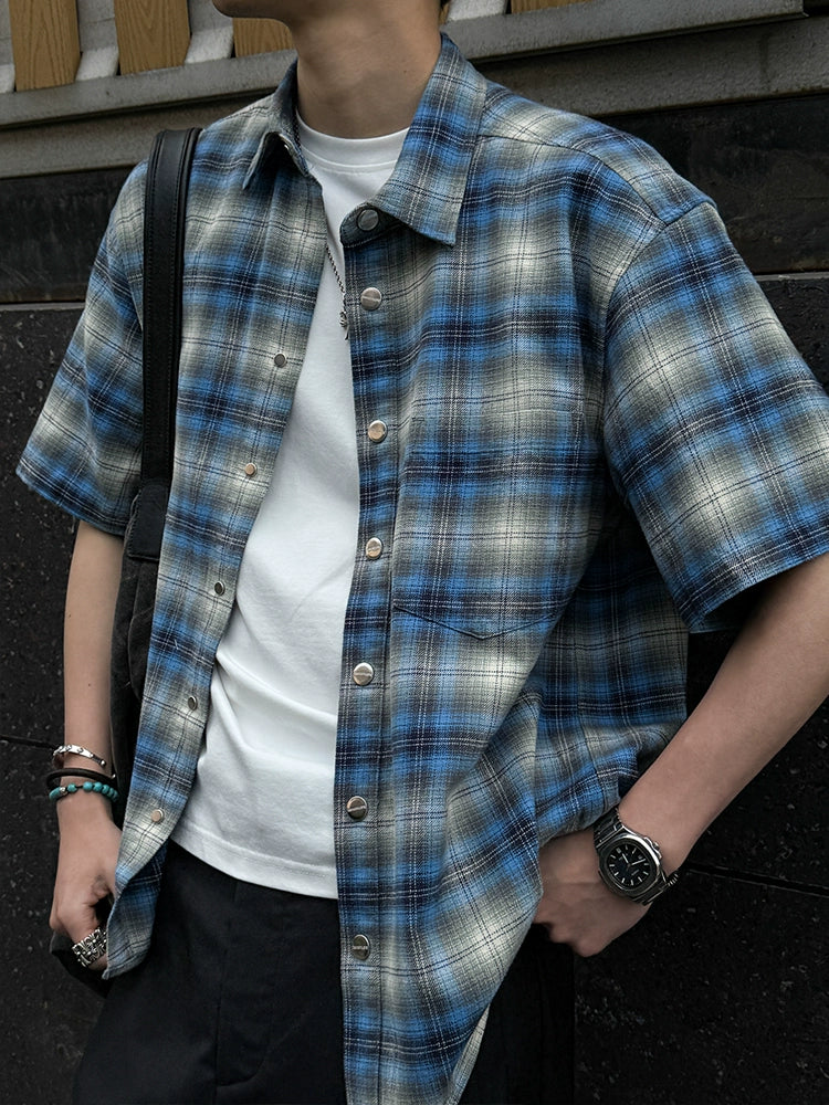 100% Cotton Men’s Plaid Button-Up Shirt Mexican Gang Style – Short Sleeve Blue & Gray Checkered Flannel Oversize T-Shirt for Men & Women