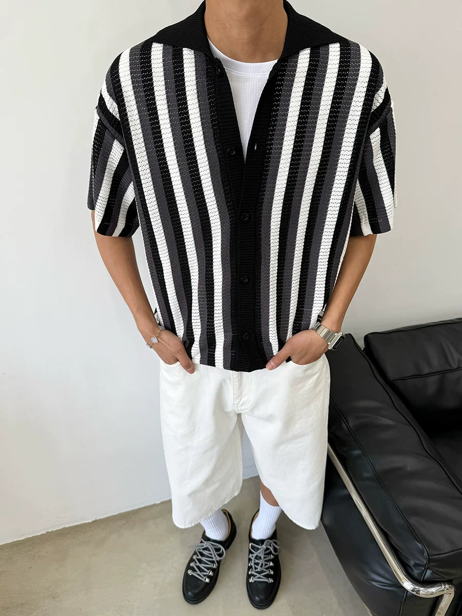 [old money style] American vintage cut-out woven striped shirt men's knitted short-sleeved polo shirt