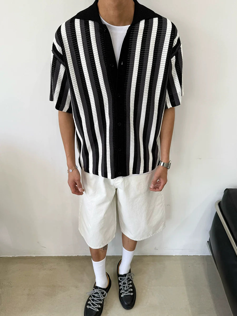 [old money style] American vintage cut-out woven striped shirt men's knitted short-sleeved polo shirt