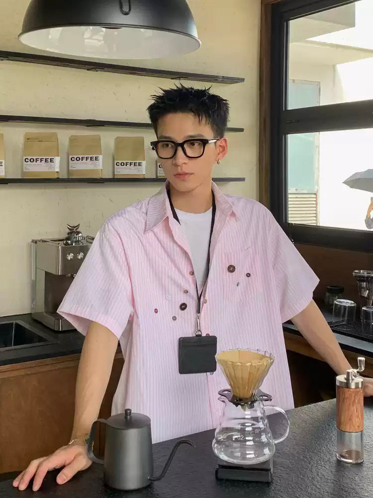American vintage striped loose shirt short sleeve men's summer button design sense