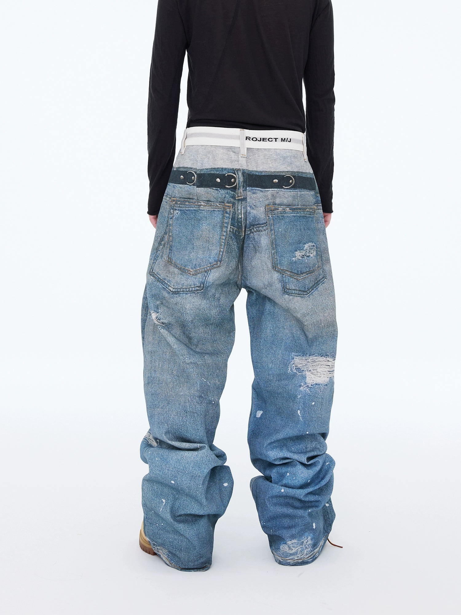 3d Blue Printed Denim Three-dimensional Visual Effect Loose Double Waist Toe Mopping Wide Leg Jeans Tide