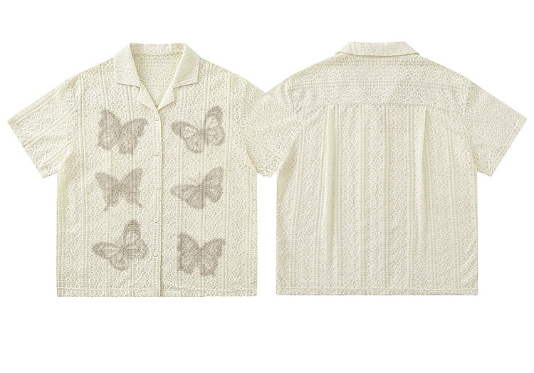 Butterfly Lace Button-Up Shirt Apricot Butterfly Shirt Lapel Oversize & Versatile for Men – Soft Cream