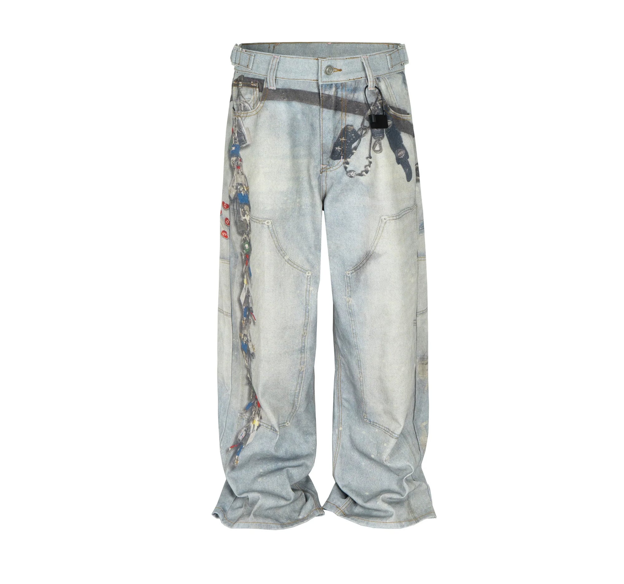 Loose Straight Wide-Leg Floor-Length Blue Jeans with Printed Visual Keychain Pattern