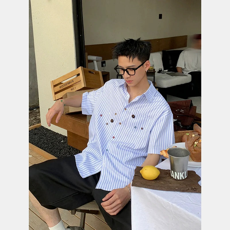 American vintage striped loose shirt short sleeve men's summer button design sense