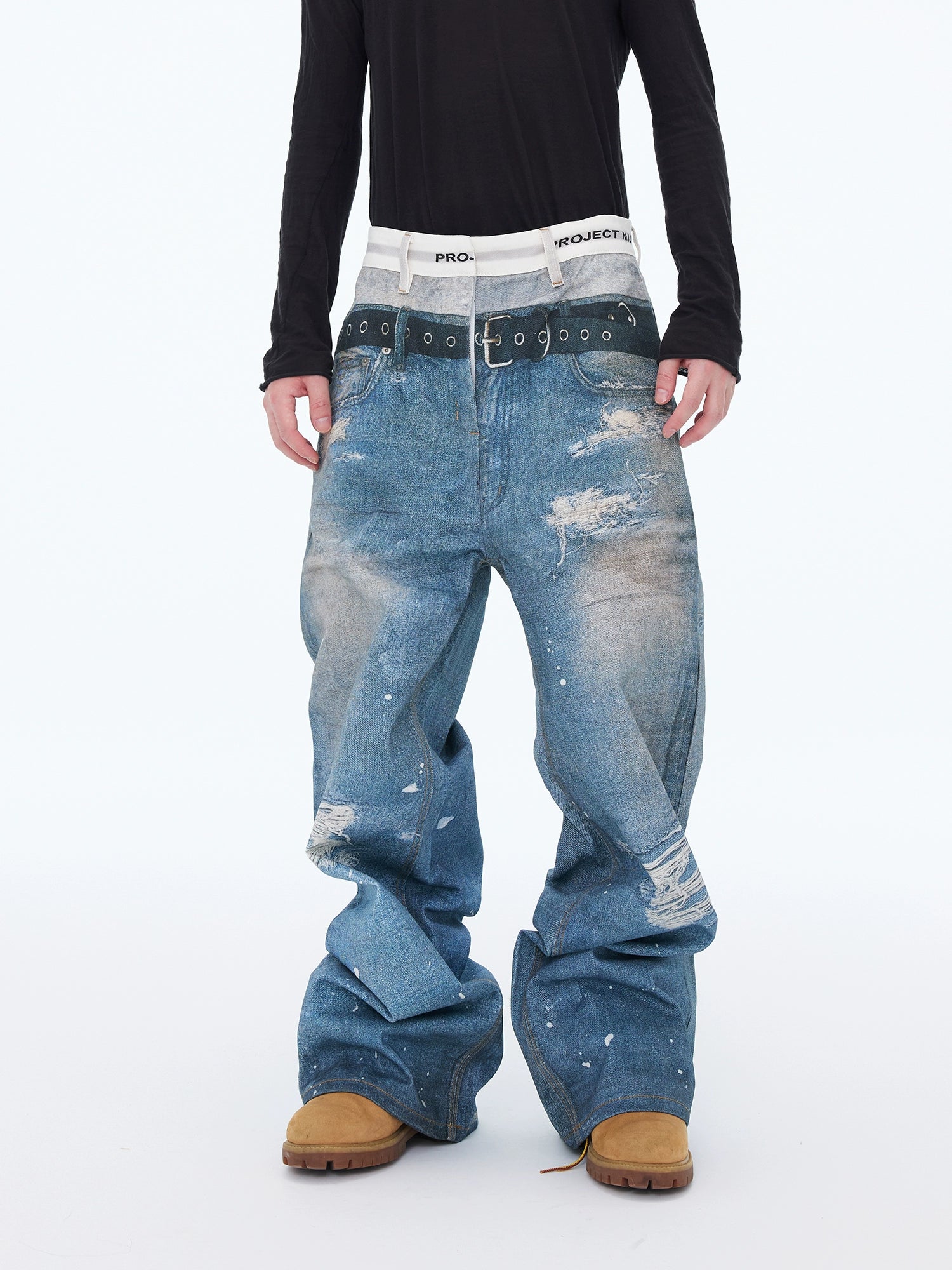 3d Blue Printed Denim Three-dimensional Visual Effect Loose Double Waist Toe Mopping Wide Leg Jeans Tide