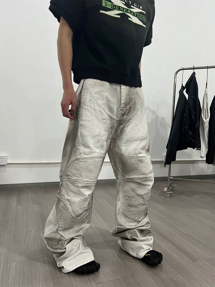 Rubbed Dirty Distressed White Biker Style Pleated Silhouette Wide-Leg Casual Denim Trousers for Men