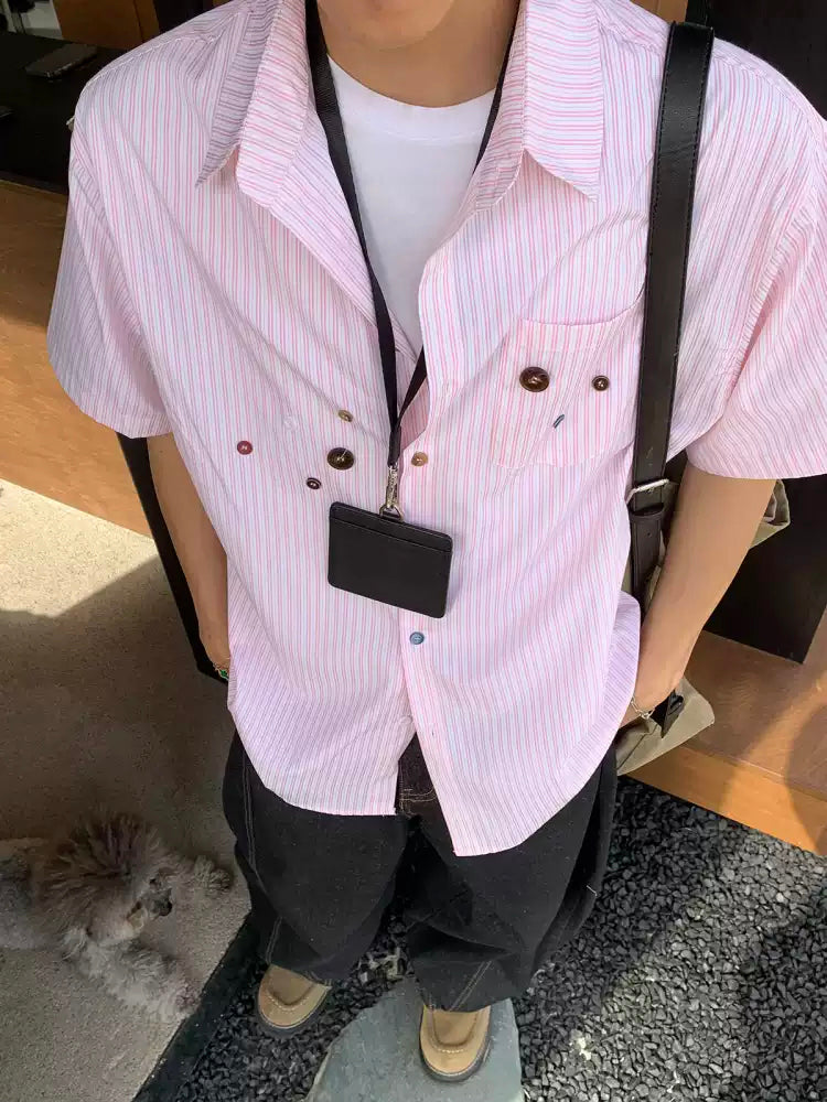 American vintage striped loose shirt short sleeve men's summer button design sense