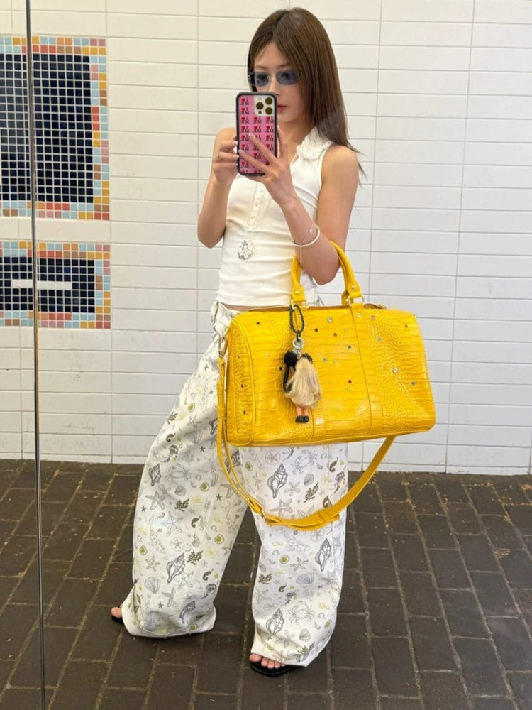 Vibrant Yellow Croc-Embossed Handbag with Colorful Gemstone Details & Chain Strap for Men & Women