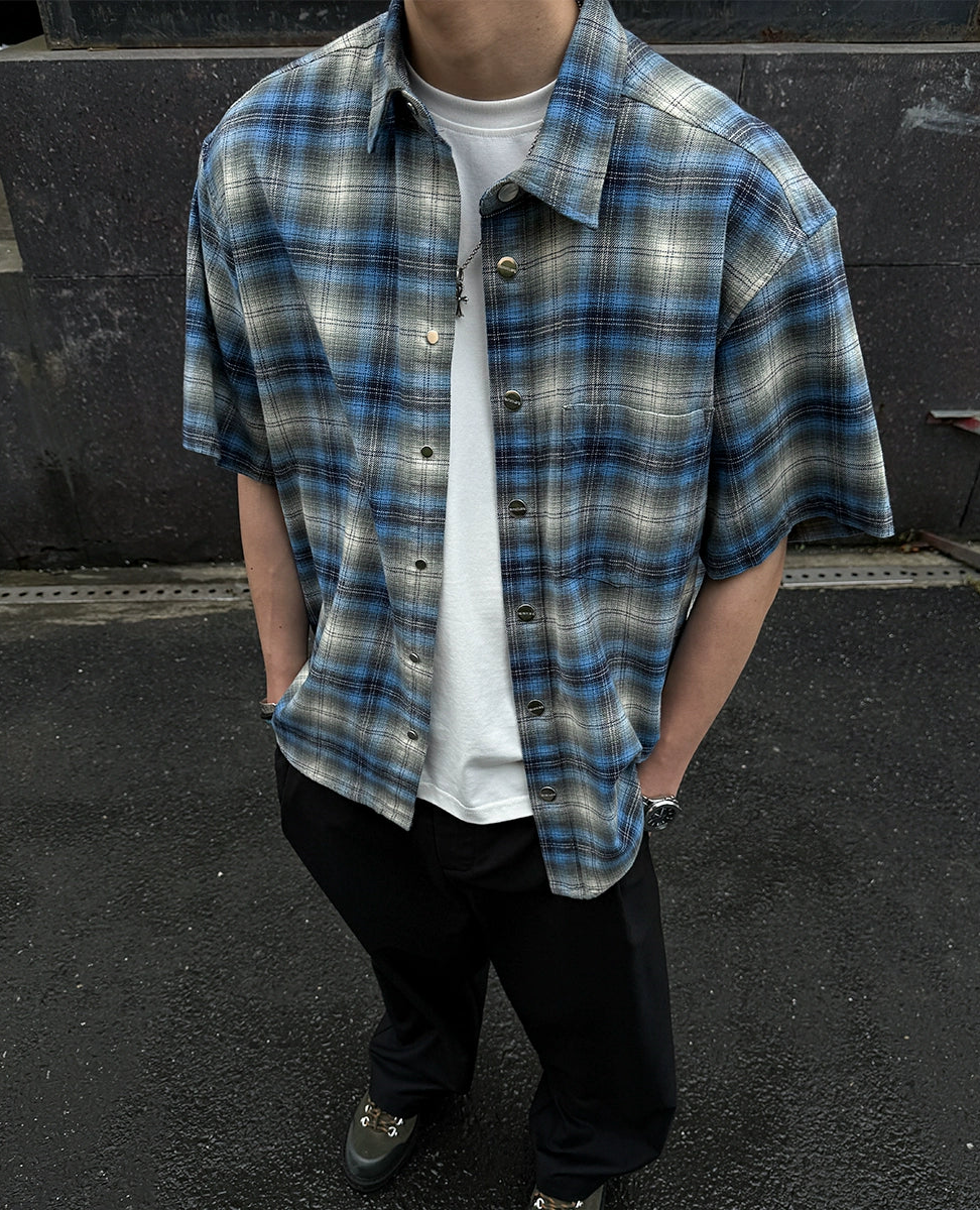 100% Cotton Men’s Plaid Button-Up Shirt Mexican Gang Style – Short Sleeve Blue & Gray Checkered Flannel Oversize T-Shirt for Men & Women