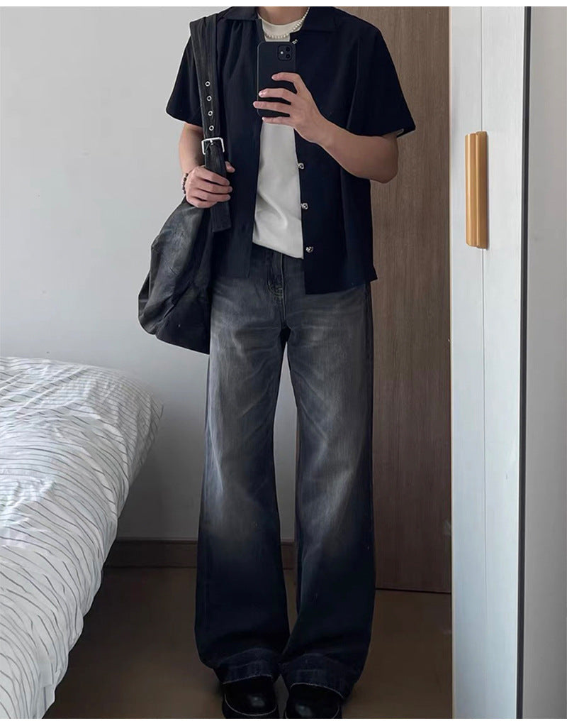"Glacier Ripple" Ice Washed Blue and Black Old High Ounce A-line straight wide-leg Jeans for Men
