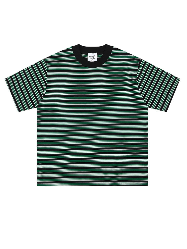 Retro Niche Design Sense Trendy Stripes, Contrast Round Neck Pullover, Loose And Versatile Short Sleeve T-shirt