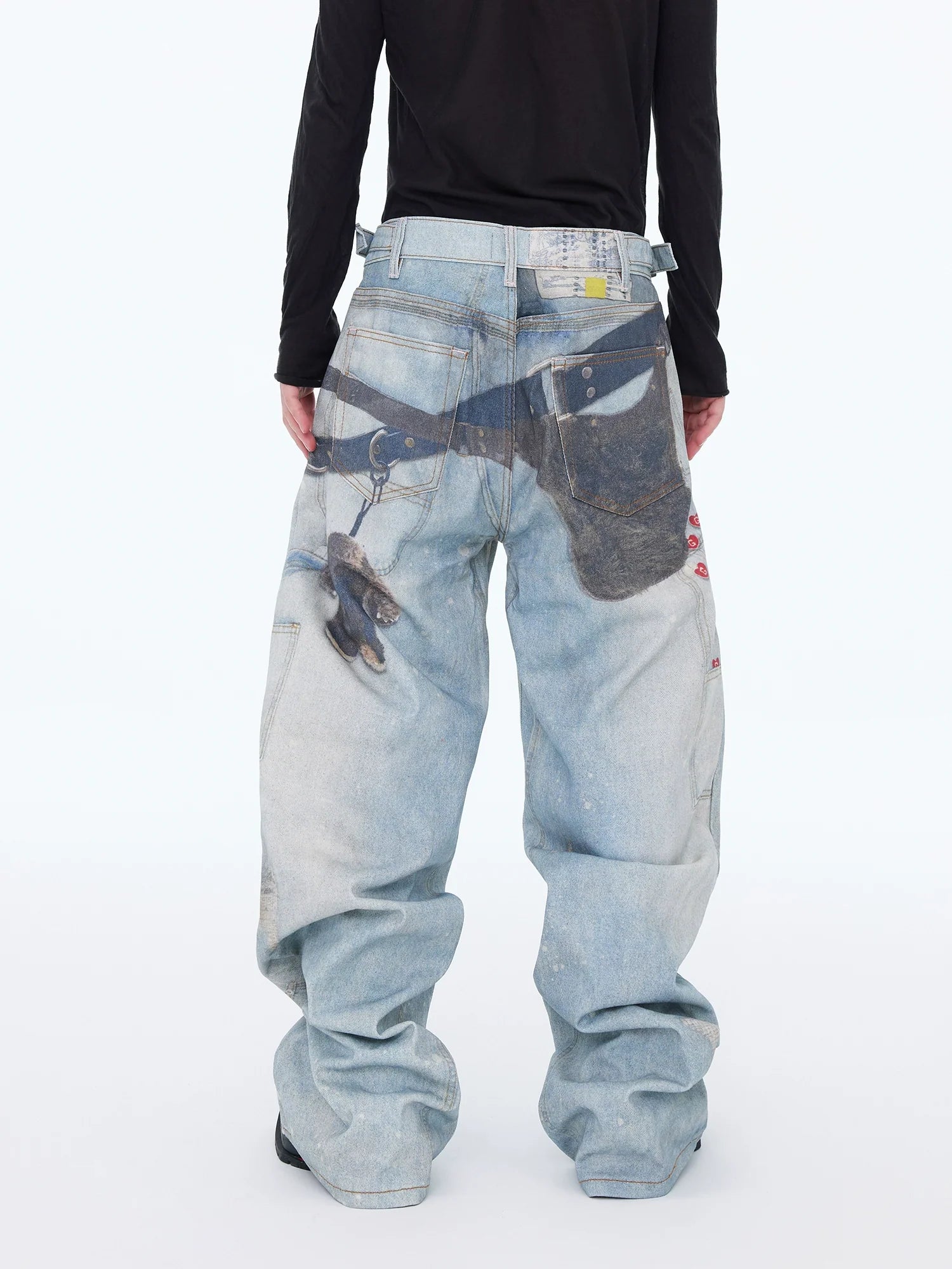 Loose Straight Wide-Leg Floor-Length Blue Jeans with Printed Visual Keychain Pattern