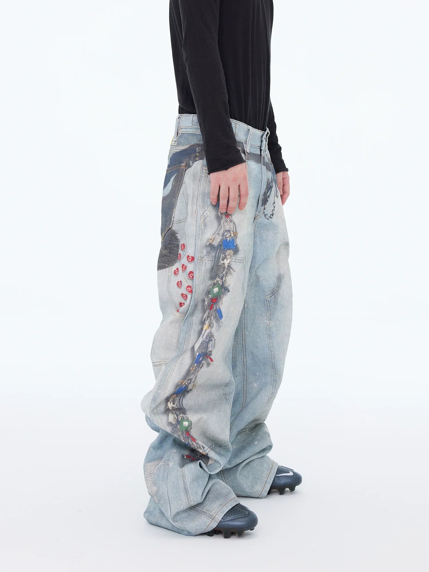 Loose Straight Wide-Leg Floor-Length Blue Jeans with Printed Visual Keychain Pattern
