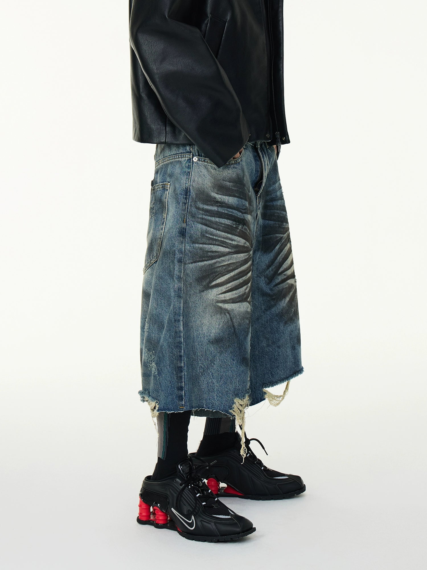 Washed Distressed Stained Clawed Leg Knife Cut Irregular Panel Loose Cropped Denim Shorts