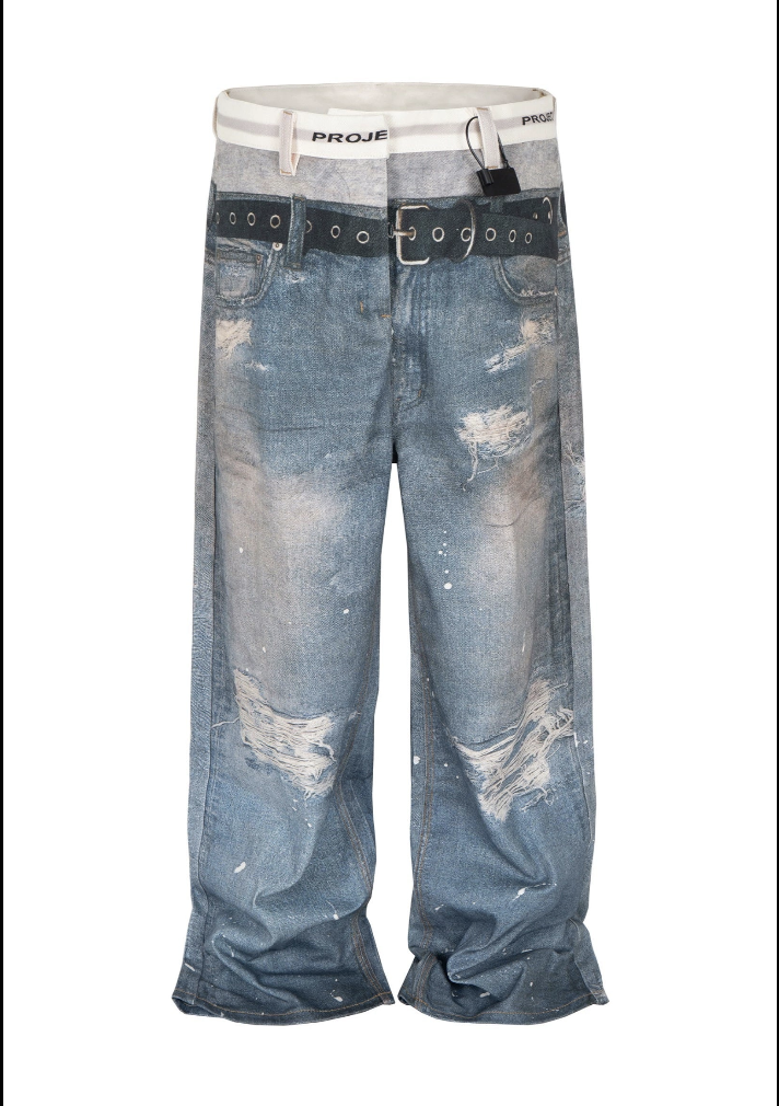 3d Blue Printed Denim Three-dimensional Visual Effect Loose Double Waist Toe Mopping Wide Leg Jeans Tide