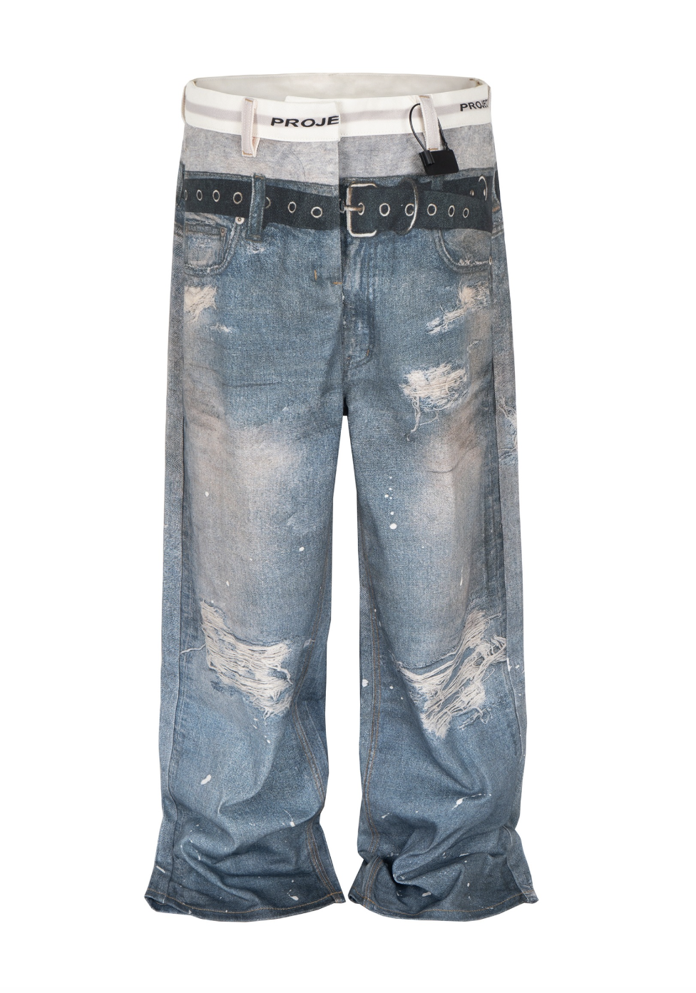 3d Blue Printed Denim Three-dimensional Visual Effect Loose Double Waist Toe Mopping Wide Leg Jeans Tide