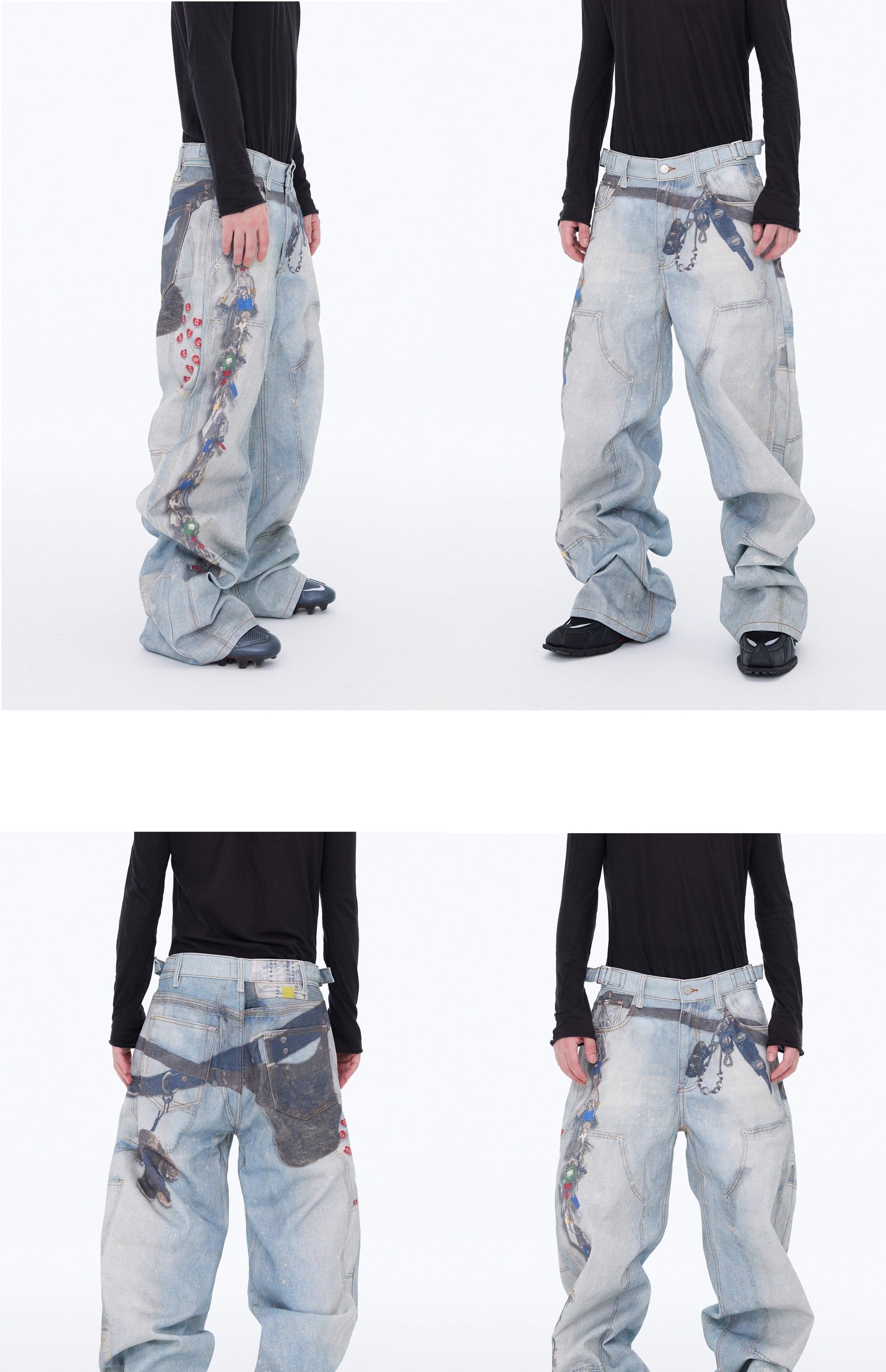 Loose Straight Wide-Leg Floor-Length Blue Jeans with Printed Visual Keychain Pattern