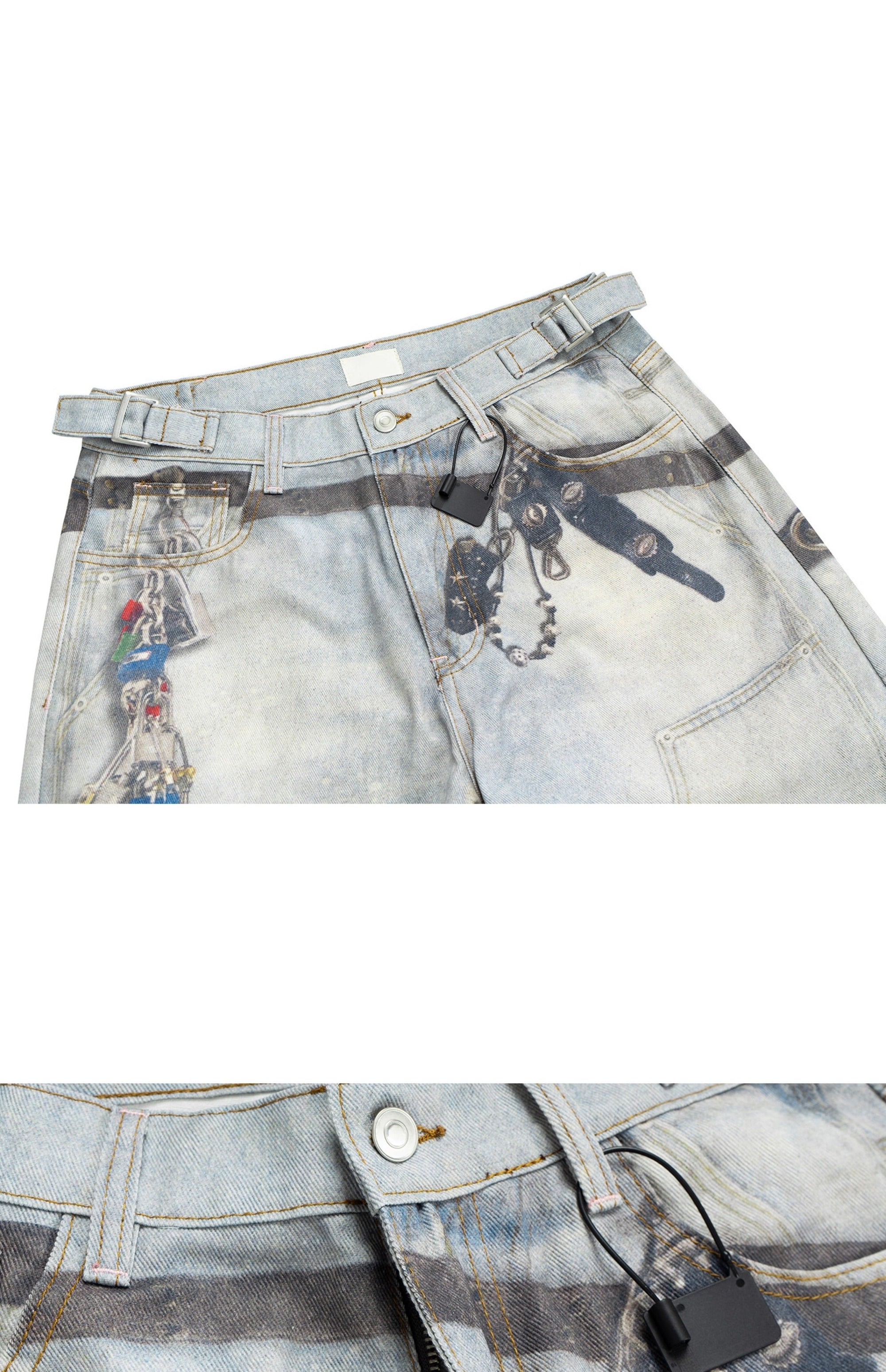 Loose Straight Wide-Leg Floor-Length Blue Jeans with Printed Visual Keychain Pattern