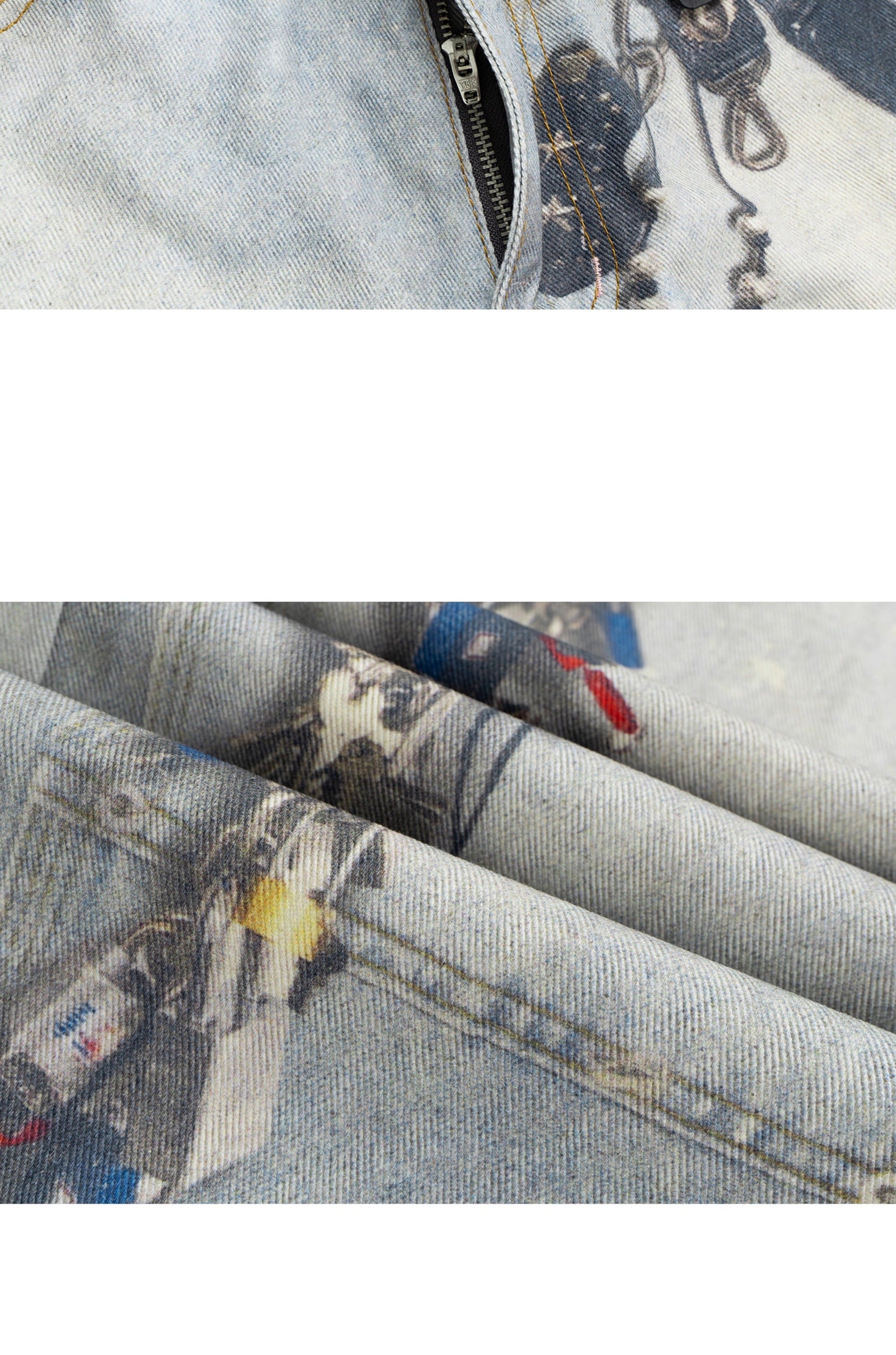 Loose Straight Wide-Leg Floor-Length Blue Jeans with Printed Visual Keychain Pattern