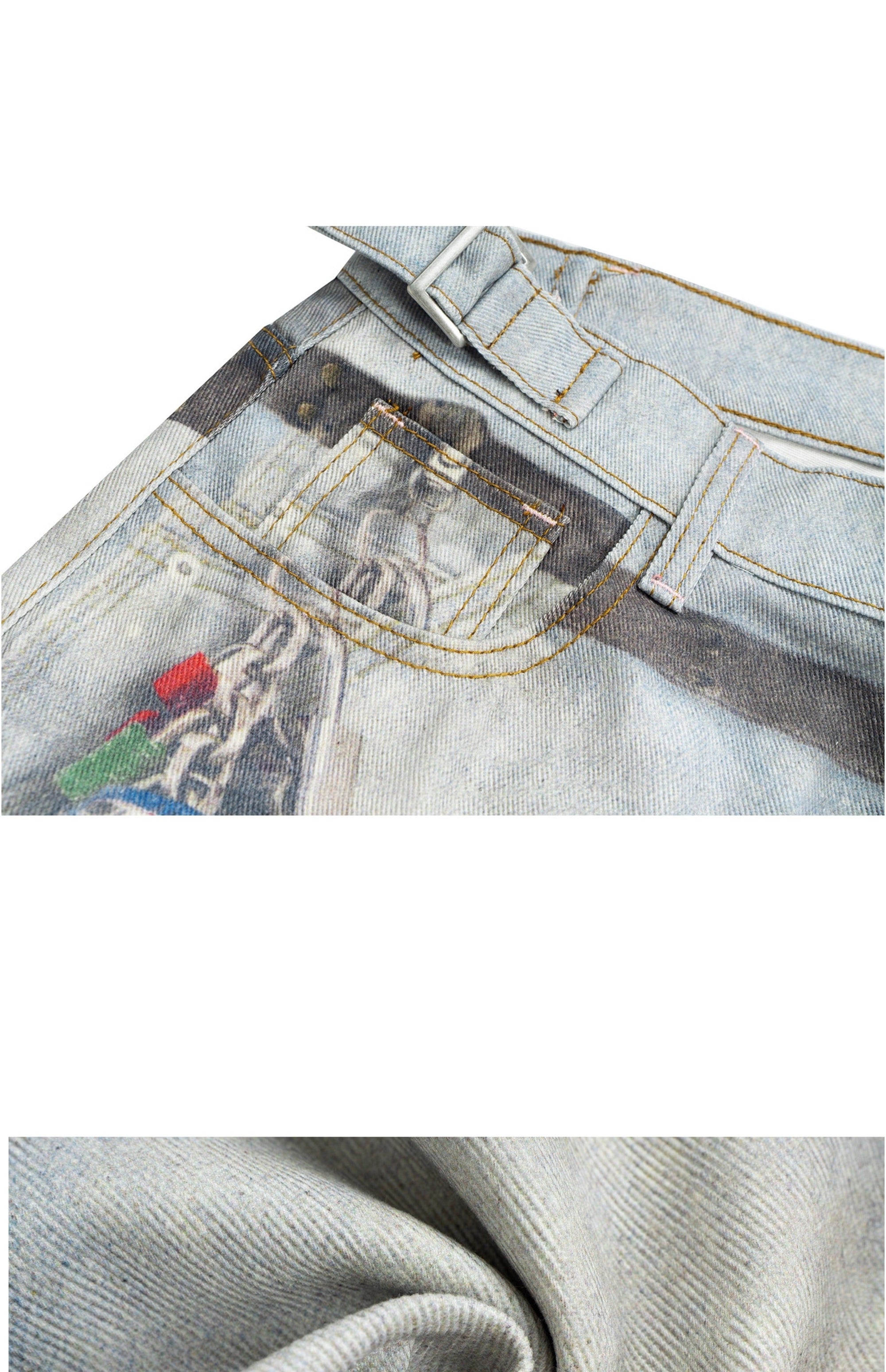 Loose Straight Wide-Leg Floor-Length Blue Jeans with Printed Visual Keychain Pattern