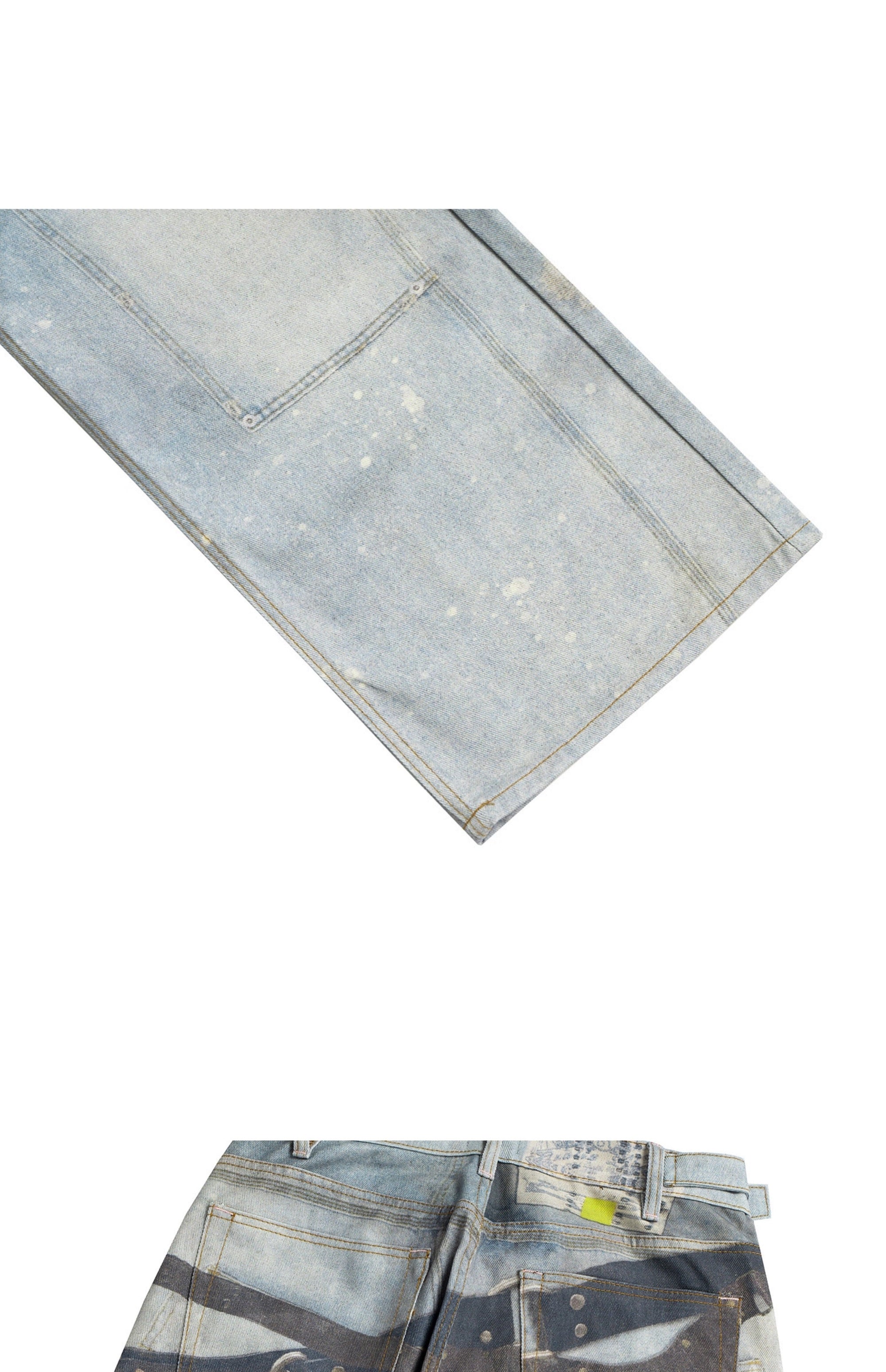 Loose Straight Wide-Leg Floor-Length Blue Jeans with Printed Visual Keychain Pattern