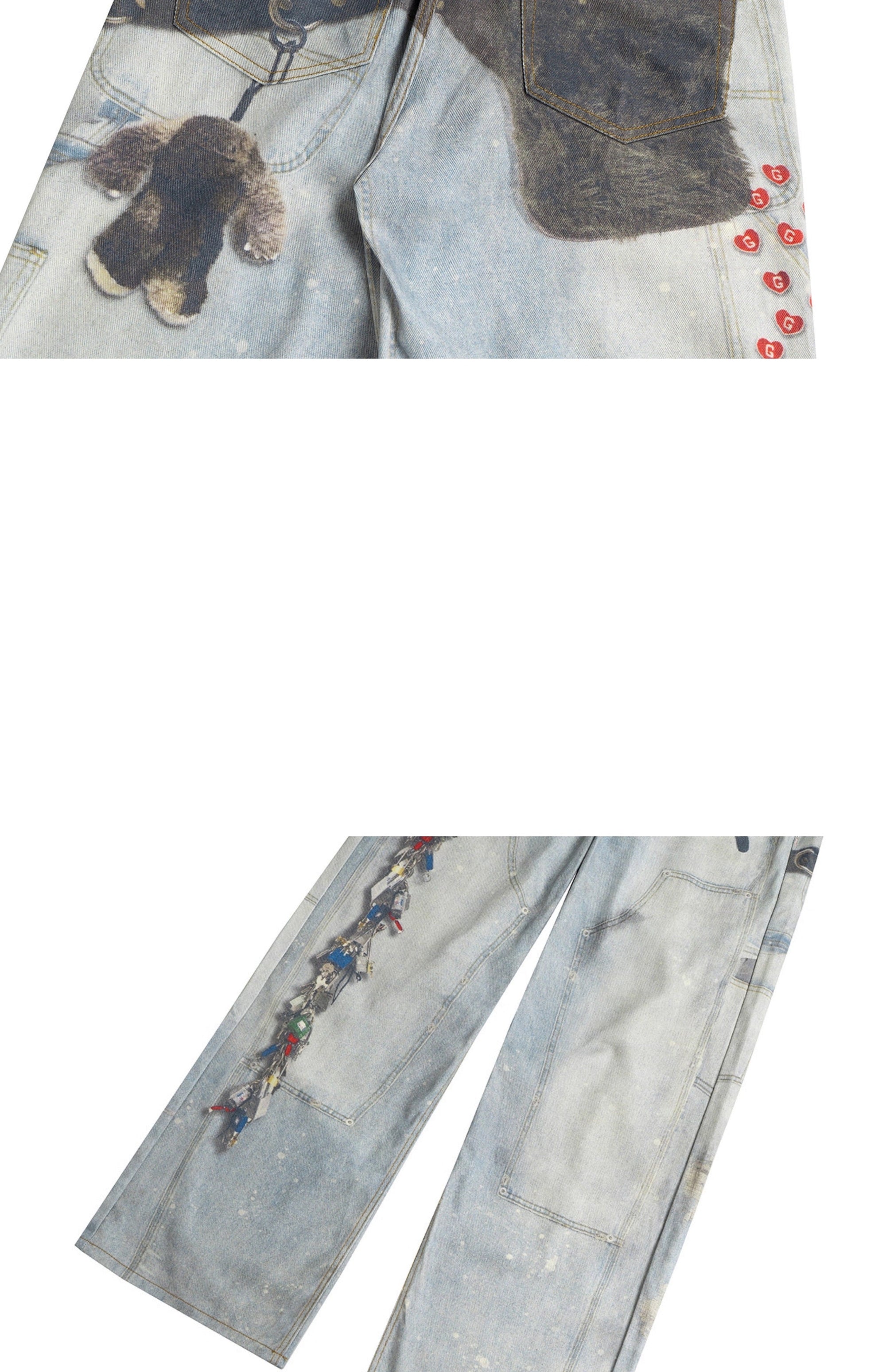 Loose Straight Wide-Leg Floor-Length Blue Jeans with Printed Visual Keychain Pattern