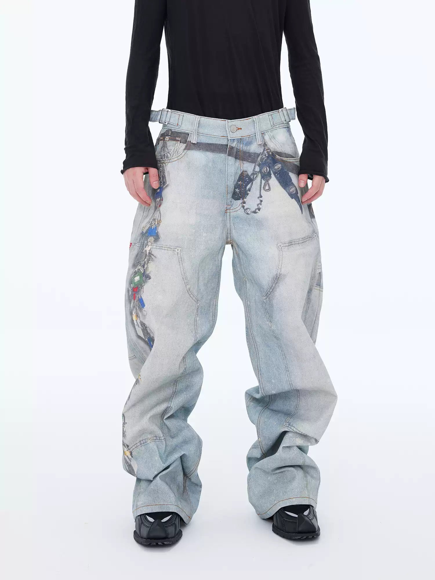Loose Straight Wide-Leg Floor-Length Blue Jeans with Printed Visual Keychain Pattern