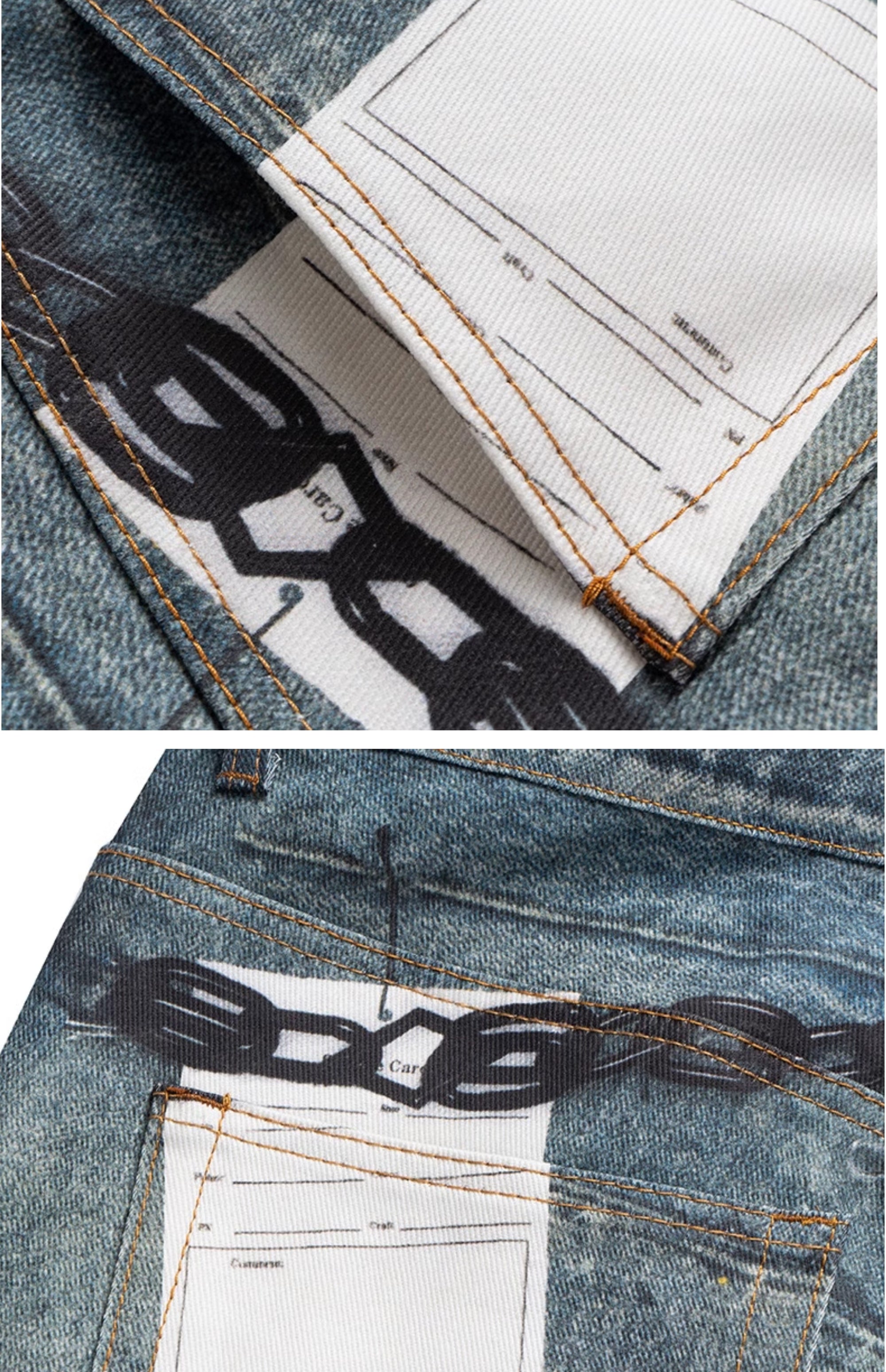Cubbiluppi™ Printed Chain & Scissors Graphic on a Loose Straight Wide Leg Denim Jeans Trousers Tide for Men