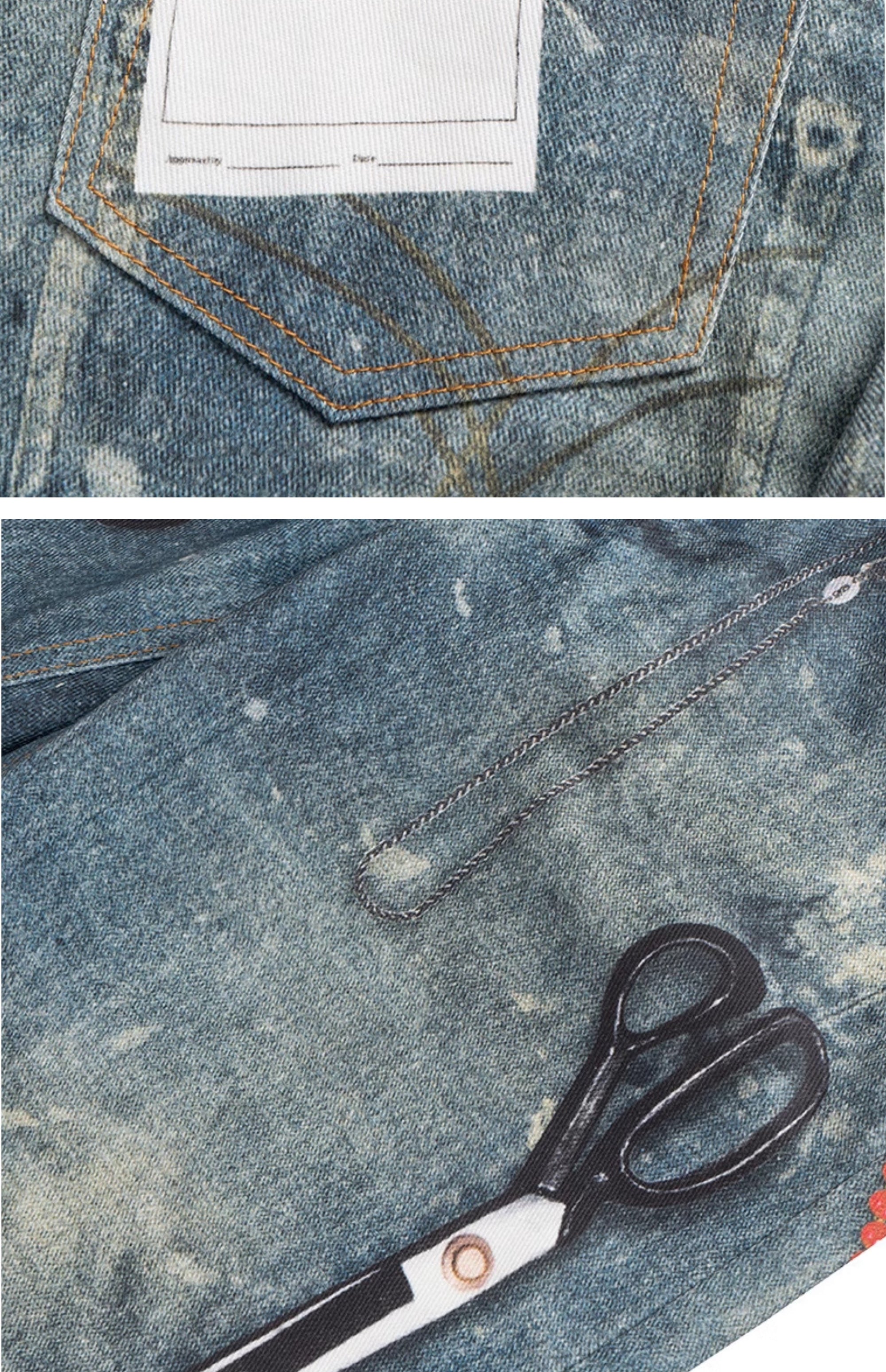 Cubbiluppi™ Printed Chain & Scissors Graphic on a Loose Straight Wide Leg Denim Jeans Trousers Tide for Men