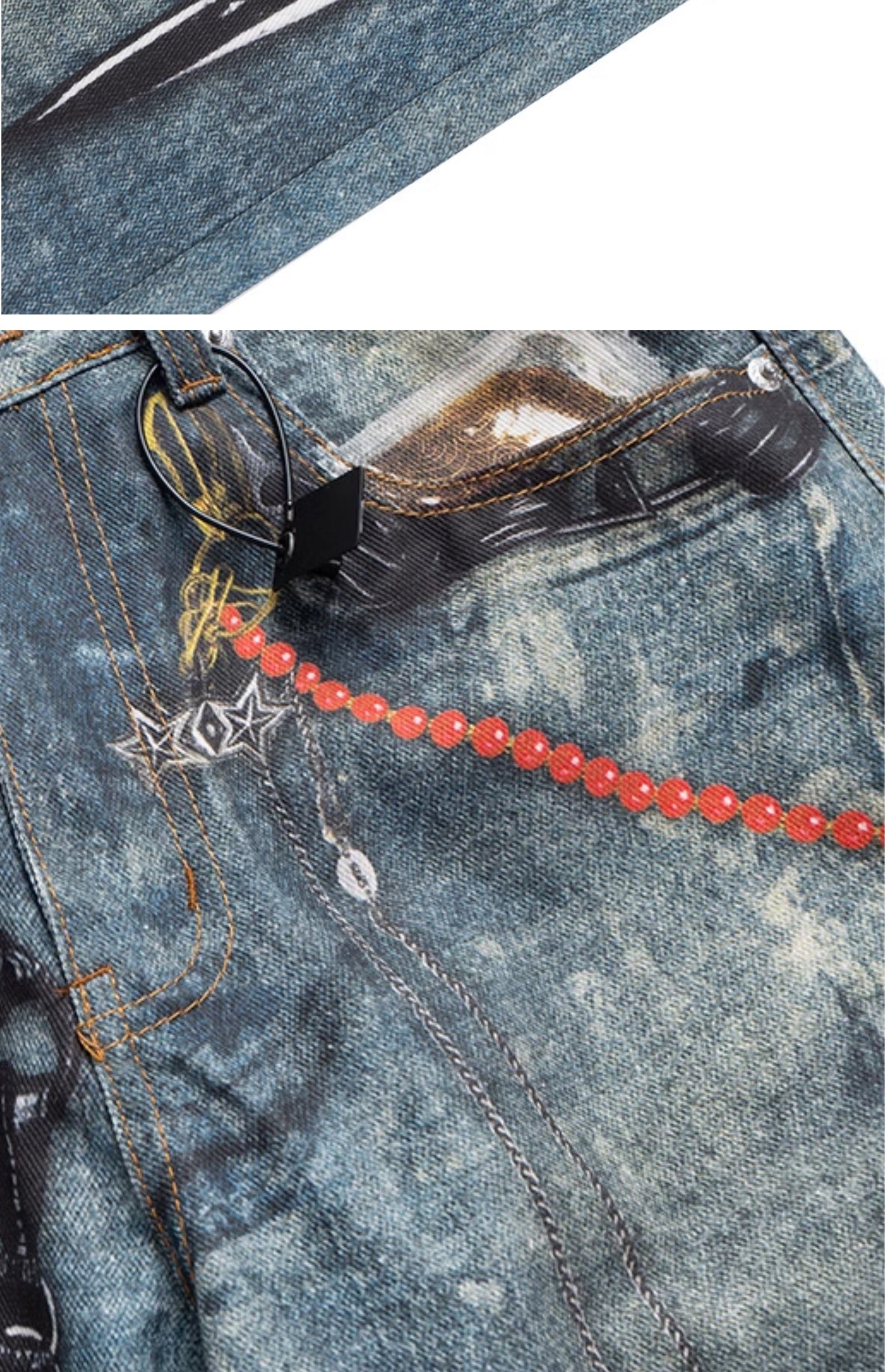 Cubbiluppi™ Printed Chain & Scissors Graphic on a Loose Straight Wide Leg Denim Jeans Trousers Tide for Men