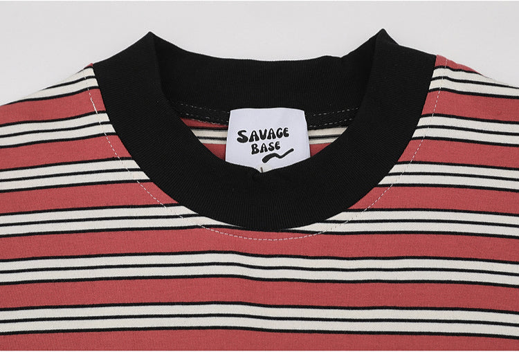 Retro Niche Design Sense Trendy Stripes, Contrast Round Neck Pullover, Loose And Versatile Short Sleeve T-shirt