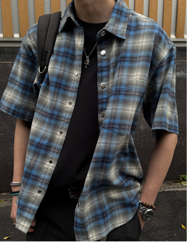 100% Cotton Men’s Plaid Button-Up Shirt Mexican Gang Style – Short Sleeve Blue & Gray Checkered Flannel Oversize T-Shirt for Men & Women