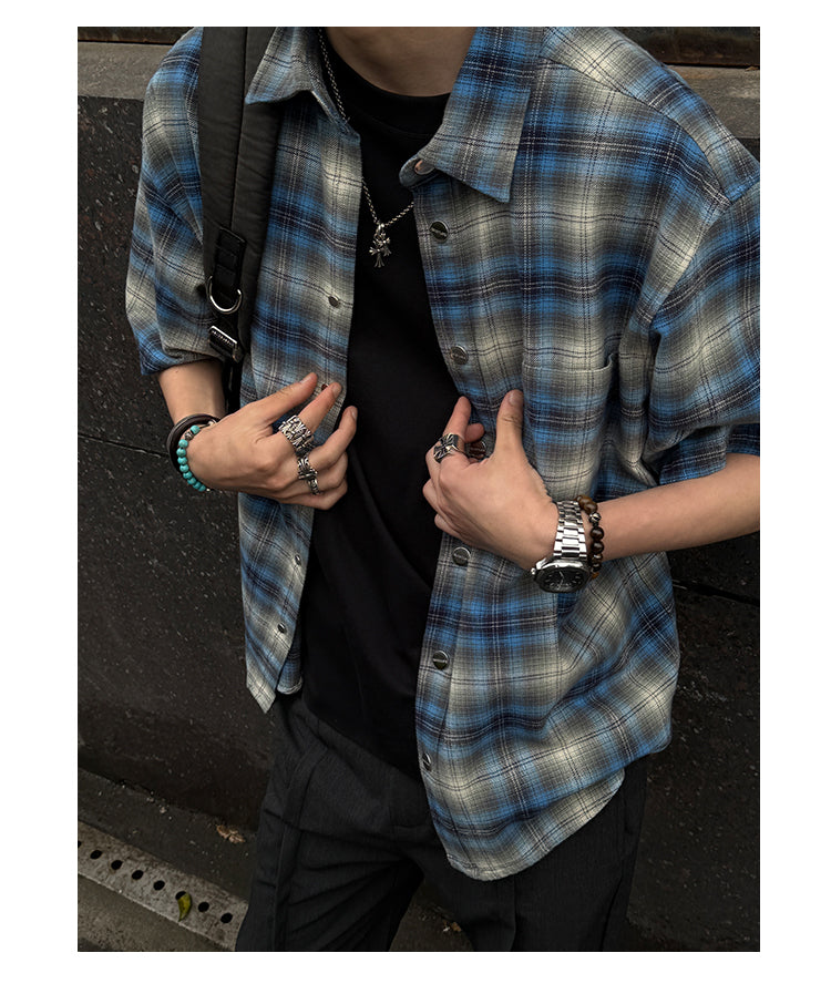 100% Cotton Men’s Plaid Button-Up Shirt Mexican Gang Style – Short Sleeve Blue & Gray Checkered Flannel Oversize T-Shirt for Men & Women