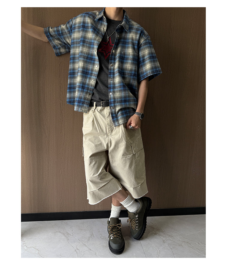 100% Cotton Men’s Plaid Button-Up Shirt Mexican Gang Style – Short Sleeve Blue & Gray Checkered Flannel Oversize T-Shirt for Men & Women