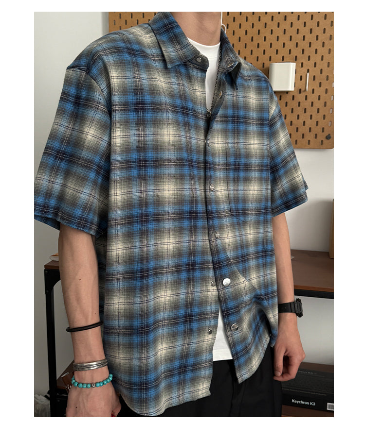 100% Cotton Men’s Plaid Button-Up Shirt Mexican Gang Style – Short Sleeve Blue & Gray Checkered Flannel Oversize T-Shirt for Men & Women