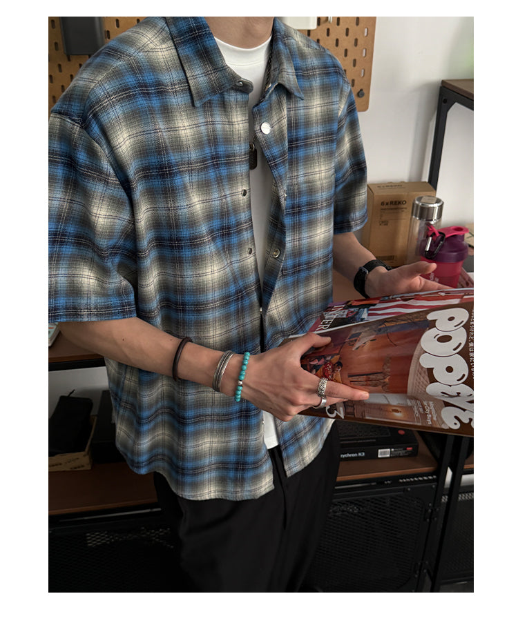 100% Cotton Men’s Plaid Button-Up Shirt Mexican Gang Style – Short Sleeve Blue & Gray Checkered Flannel Oversize T-Shirt for Men & Women
