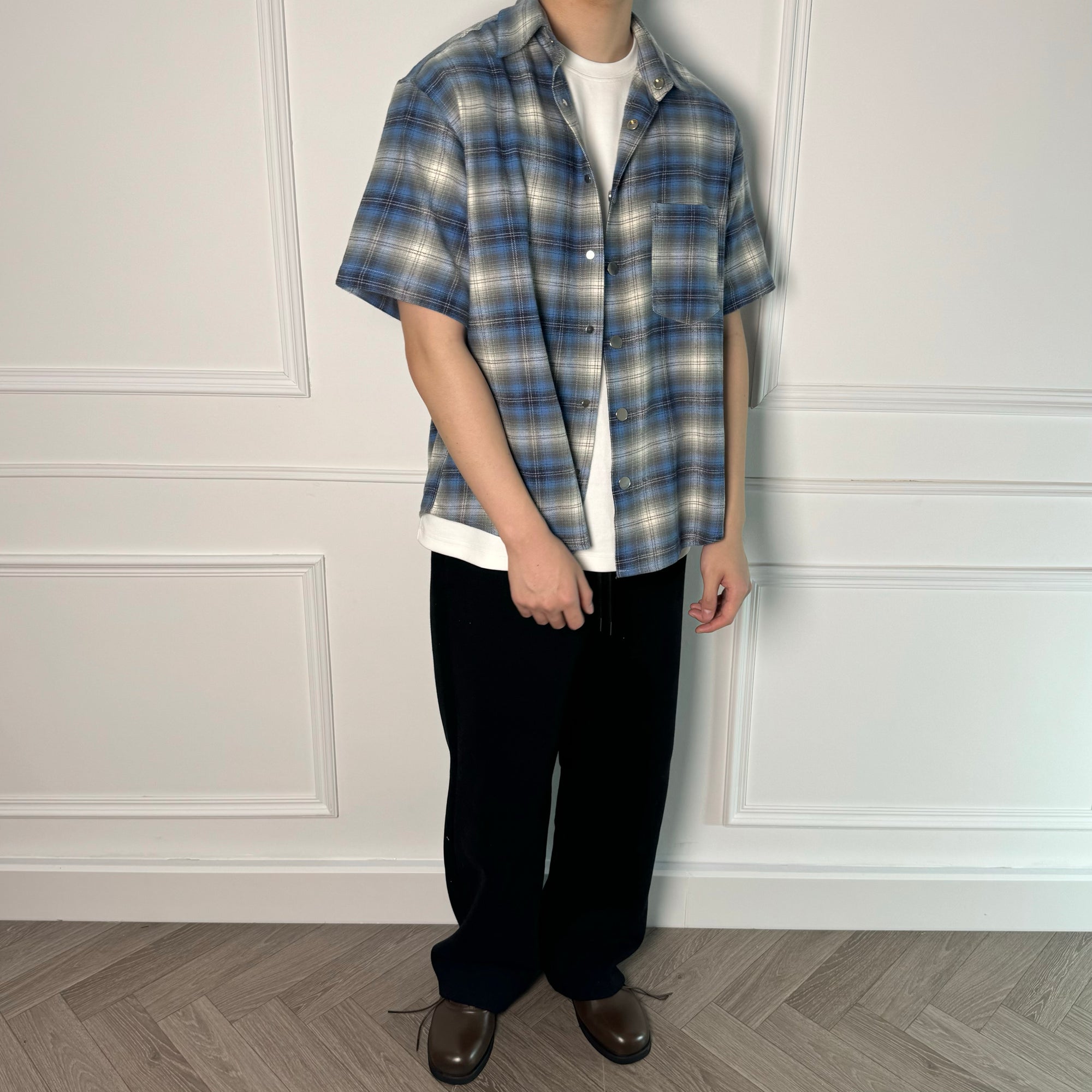 100% Cotton Men’s Plaid Button-Up Shirt Mexican Gang Style – Short Sleeve Blue & Gray Checkered Flannel Oversize T-Shirt for Men & Women