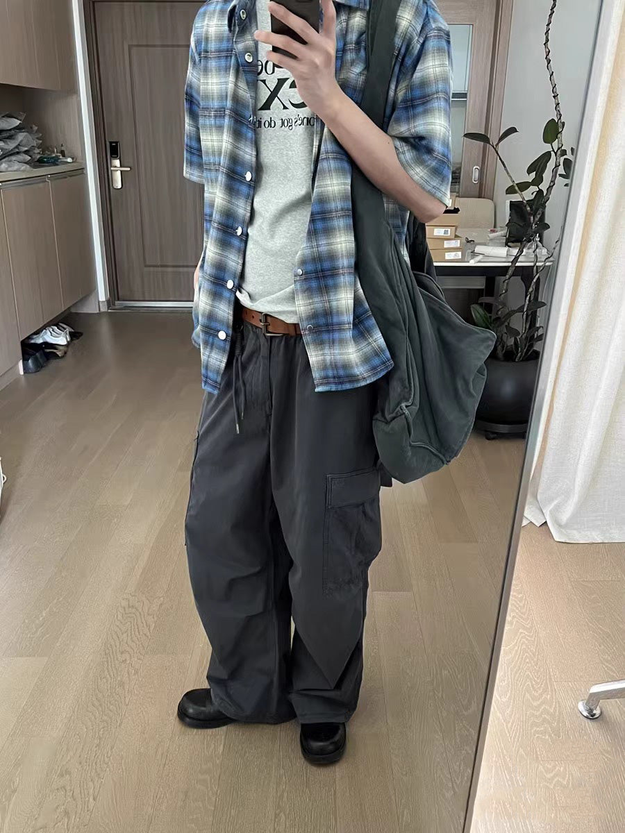 100% Cotton Men’s Plaid Button-Up Shirt Mexican Gang Style – Short Sleeve Blue & Gray Checkered Flannel Oversize T-Shirt for Men & Women