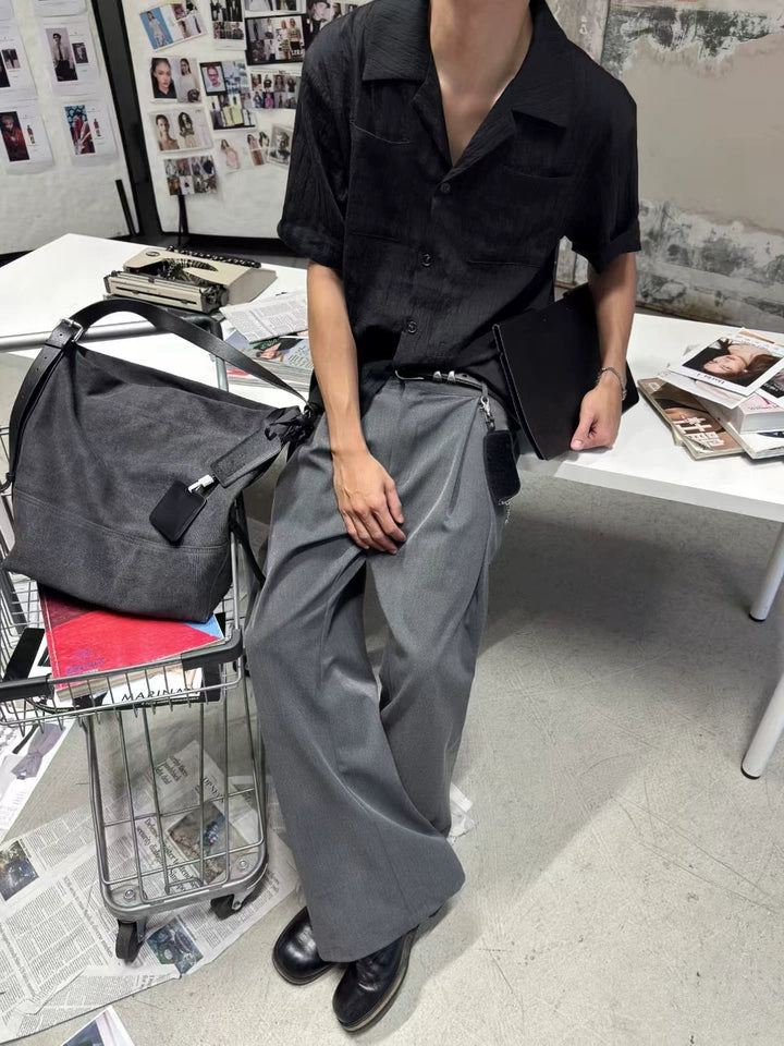 Men’s Modern Wide-Leg Pleated Trousers with Belt Detail – Charcoal Gray for Men & Women
