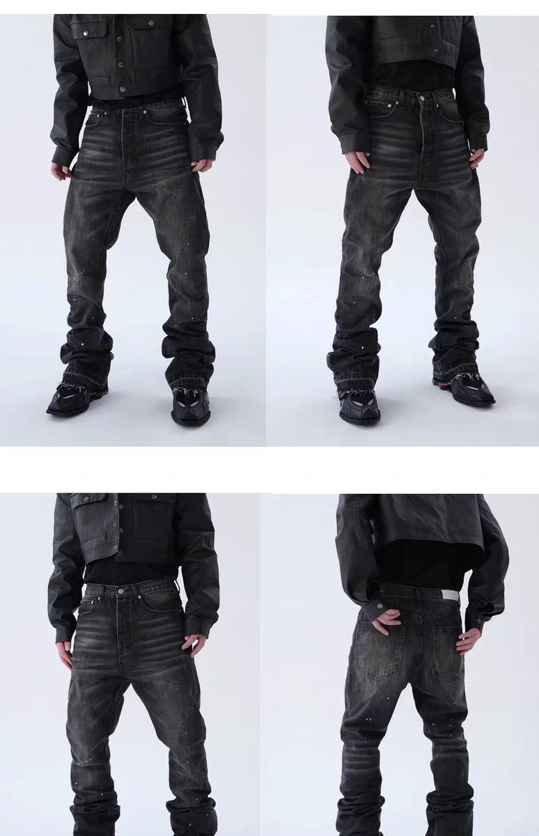 Whisker Textured Worn-out Splash Ink Hand Slim Fit Stacked Denim Jeans Pants Tide
